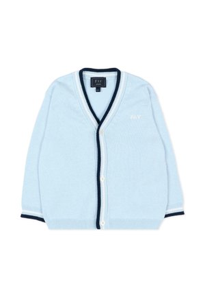 Jasnoniebieski sweterek dla niemowląt z granatowymi i białymi lamówkami, zapięcie na guziki oraz logo "FAY" na klatce piersiowej, rozmiar 12 miesięcy.