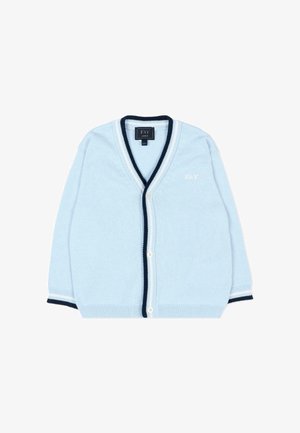 Cardigan da bebé azzurro chiaro con bordi navy e bianchi, chiusura con bottoni e logo "FAY" sul petto, taglia 12 mesi.