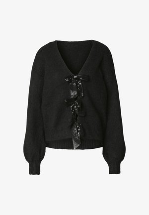 Zwart gebreide trui met een V-hals, voorzien van een centrale versiering van zwarte bloemmotieven met pailletten en volumineuze mouwen.