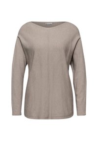 Maglione lungo a maniche lunghe color marrone chiaro con scollo ampio, texture morbida e dettaglio delle cuciture centrato. Realizzato in un tessuto a maglia leggero.