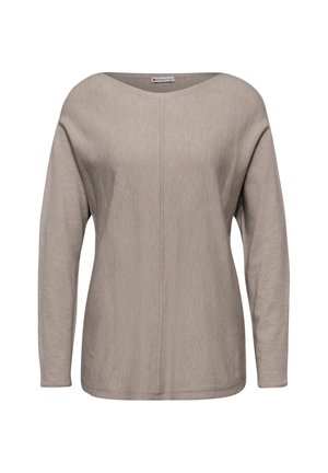 Maglione lungo a maniche lunghe color marrone chiaro con scollo ampio, texture morbida e dettaglio delle cuciture centrato. Realizzato in un tessuto a maglia leggero.