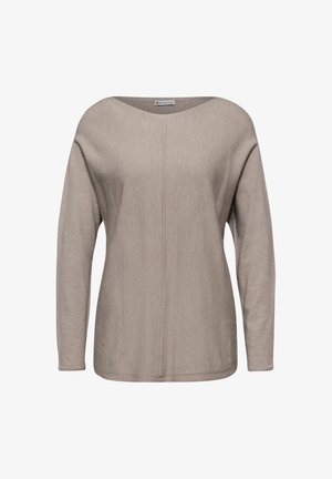 Suéter de manga larga color marrón claro con escote ancho, textura suave y detalle de costura centrada. Fabricado con un tejido de punto ligero.