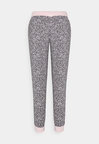 Luipaardprint joggingsbroek in tinten van roze en zwart, met een zachte elastische tailleband en taps toelopende boorden voor een comfortabele pasvorm.