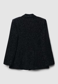 Schwarzer Samtblazer mit strukturierter Oberfläche, Reverskragen und zwei vorderen Taschen. Verfügt über eine taillierte Silhouette und ein glattes Innenfutter.