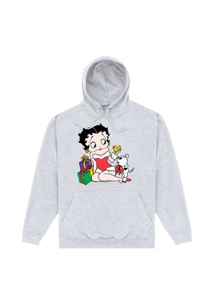 Lysegrå hættetrøje med tegneseriekvinde i rød kjole med hvid pelskant, sidder med en lille hvid hund og en gul fugl, samt gaveæsker.