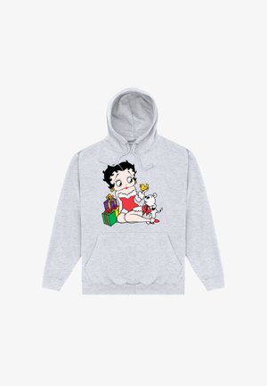 Světlounce šedá mikina s kapucí zobrazující kreslenou ženu v červených šatech s bílým kožíškem, sedící se malým bílým psem a žlutým ptákem, doplněná dárkovými krabicemi.