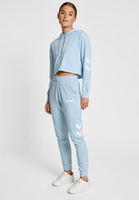 Lysblå cropped hoodie og matchende sweatpants, lavet af blødt stof. Har hvide logo- og stribedesign; afslappet pasform med ribbede detaljer.