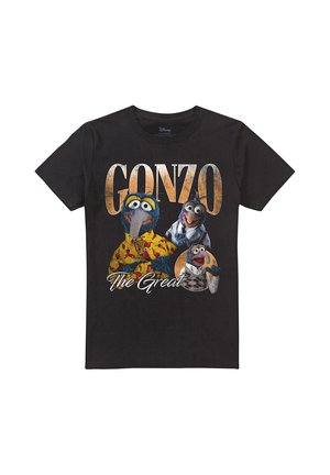 Schwarzes T-Shirt mit drei Bildern von Gonzo aus den Muppets und großem Text mit der Aufschrift "Gonzo The Great."