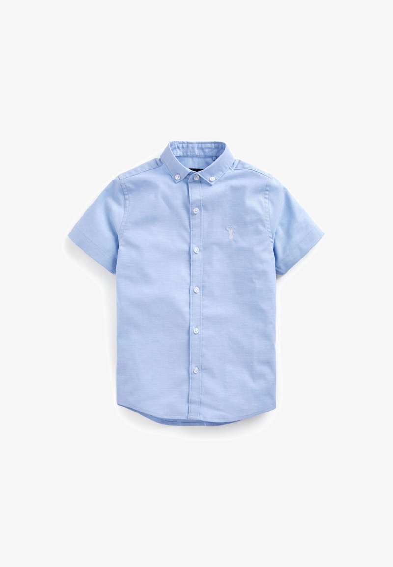 Chemise bleu clair à manches courtes avec boutons, col boutonné et petit logo de cerf brodé sur le côté gauche de la poitrine.