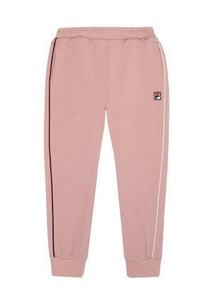 Pantaloni sportivi rosa con vita elasticizzata, tasche laterali e strisce a contrasto bianche e bordeaux. Presentano una patch con logo sulla coscia superiore.