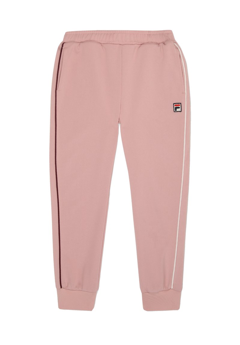 Rosa sweatpants med elastiskt midjeband, sidofickor och kontrasterande vita och vinröda ränder. Har en logotypklistermärke på över benet.