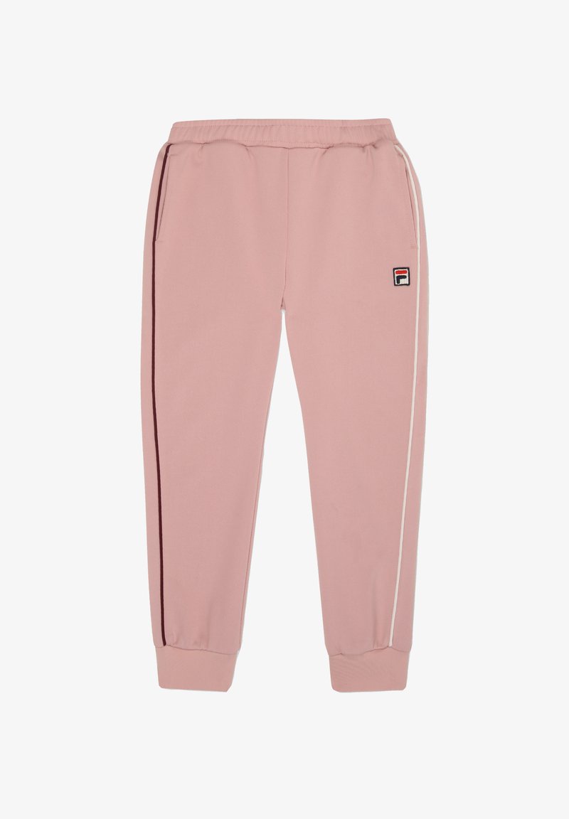 Rosa Jogginghose mit elastischem Bund, seitlichen Taschen und kontrastierenden weißen und kastanienbraunen Streifen. Verfügt über ein Logo-Patch am oberen Bein.