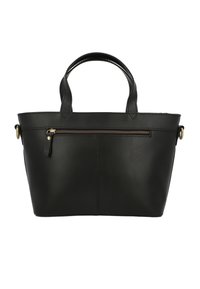 Borsa tote in pelle nera con due manici, una tasca frontale con zip e dettagli in hardware dorato. Texture liscia e forma strutturata.