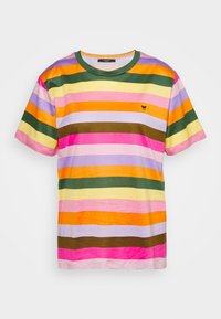 Gestreept T-shirt met korte mouwen van katoen, met horizontale strepen in roze, oranje, groen, geel en bruin, met een klein logodetail.