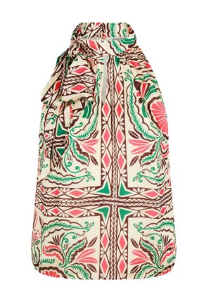 Top smanicato con collo alto e laccio, con un motivo a fantasia in rosa, verde e marrone su sfondo crema.
