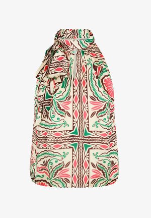 Ärmelloses Neckholder-Top mit hohem Halsband, mit einem gemusterten Design in Pink, Grün und Braun auf cremefarbenem Hintergrund.