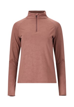 Långärmad mauve pullover med subtilt texturerat mönster och halvdragkedja, med hög krage.
