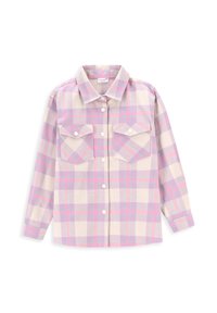 Koszula z długim rękawem w kolorze kremowym, lawendowym i różowym. Posiada dwie przednie kieszenie, zapięcie na guziki oraz klasyczny kołnierzyk.