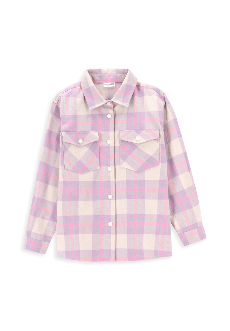 Koszula z długim rękawem w kolorze kremowym, lawendowym i różowym. Posiada dwie przednie kieszenie, zapięcie na guziki oraz klasyczny kołnierzyk.