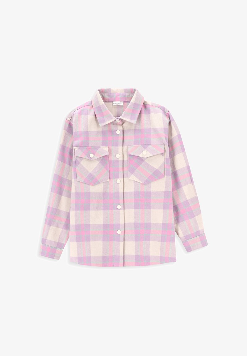 Koszula z długim rękawem w kolorze kremowym, lawendowym i różowym. Posiada dwie przednie kieszenie, zapięcie na guziki oraz klasyczny kołnierzyk.