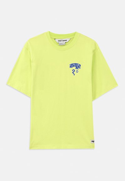 Short-sleeve t-shirt in bright yellow cotton with blue graphic design on the chest. Features a standard crew neckline and relaxed fit.