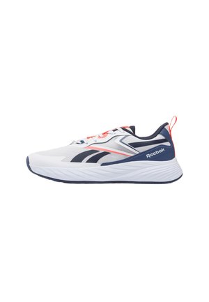 Chaussure de running blanche et bleu marine avec des touches orange, logo Reebok sur le côté, fermeture à lacets à l’avant et semelle amortissante vue de côté extérieur.