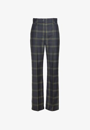 Geruite broek in donkerblauw met groene en gele lijnen, met een hoge taille, sluiting met twee knopen en een wijde pijpdesign. Gladde textuur.