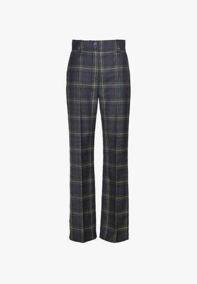 Sötétkék kockás nadrág zöld és sárga csíkokkal, magas derékkal, két gombos záródással és széles lábakkal. Sima textúra.