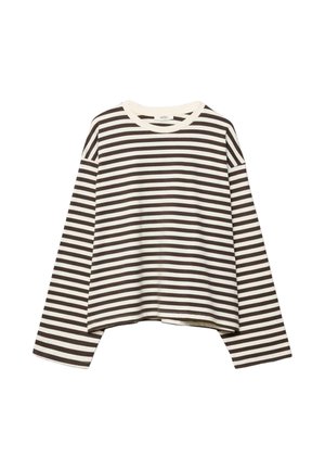 Dlouhý rukáv, krátká halenka s černobílými horizontálními pruhy a kulatým výstřihem, zobrazena na bílém pozadí.