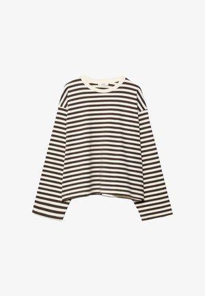 Maglietta a maniche lunghe corta con righe orizzontali nere e bianche e scollo rotondo, mostrata su sfondo bianco.