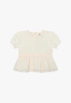 Blouse en coton crème clair avec manches courtes bouffantes, taille froncée et motif texturé subtil. Encolure ronde et fermeture par bouton au dos.