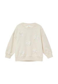 Felpa color crema realizzata in morbido tessuto, decorata con diversi fiocchi di tessuto bianco. Collo rotondo e polsini e orlo a coste.