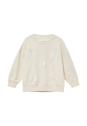 Cremfarbener Sweatshirt aus weichem Stoff, verziert mit mehreren weißen Stoffschleifen. Runder Ausschnitt und gerippte Bündchen und Saum.