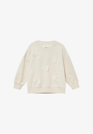 Cremfarbener Sweatshirt aus weichem Stoff, verziert mit mehreren weißen Stoffschleifen. Runder Ausschnitt und gerippte Bündchen und Saum.