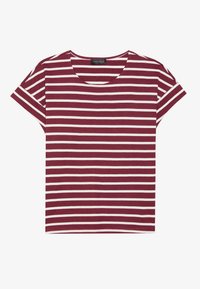Burgundy and white striped T-shirt with a round neckline, short sleeves, and a soft texture. Made from lightweight, breathable fabric.
