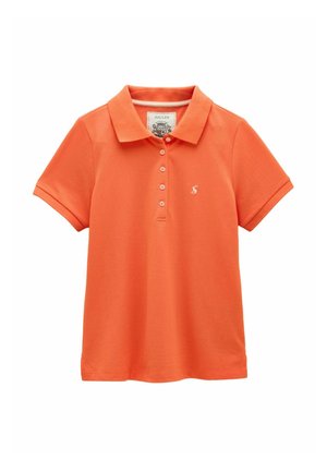 Oranges Kurzarm-Poloshirt mit Kragen, vier Knöpfen und einem kleinen weißen bestickten Logo auf der linken Brust.