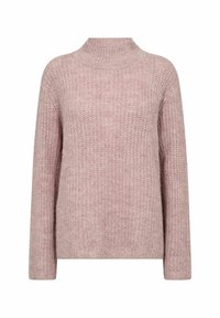 Pull en tricot rose avec un col montant, manches longues et un motif texturé. Tissu de poids moyen, coupe décontractée, design simple.