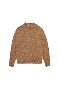 Maglione in maglia marrone con un motivo testurizzato, scollo a girocollo e polsini e orlo a costine. Presenta il logo "DIESEL" all'interno del colletto.