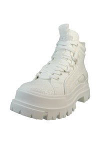 White high-top sneakers with a chunky sole, made of textured glitter material. Features laces and a tab on the heel for easy wearing.