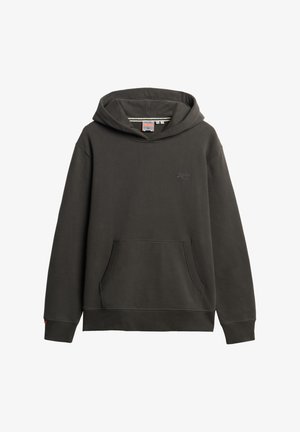 Dunkelgrauer Hoodie aus weichem Stoff, ausgestattet mit einer Kängurutasche, gerippten Bündchen und einem gewebten Etikett am Kragen. Einfaches, lässiges Design.