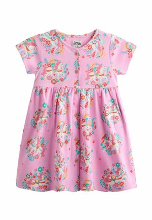 Rausva kūdikio suknelė trumpomis rankovėmis, su sagomis priekyje, spalvingais karuselės žirgo ir gėlių raštais.