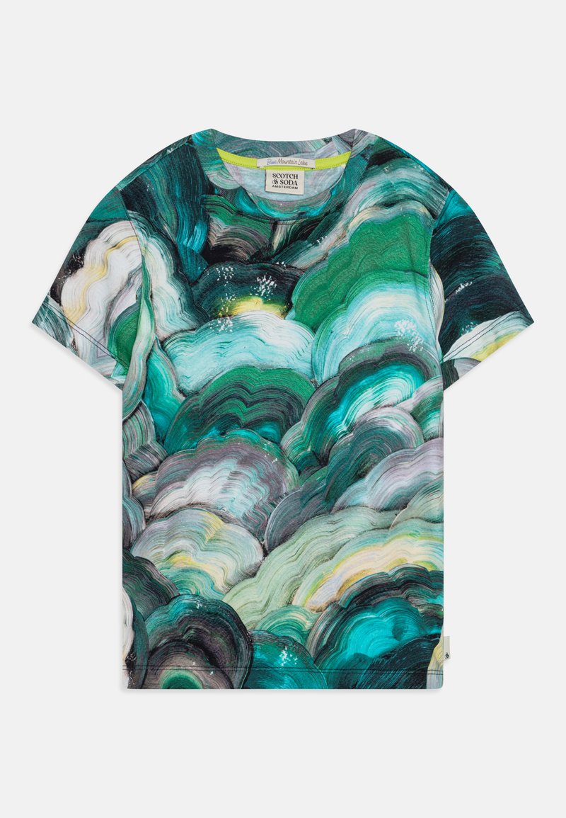 Short-sleeve t-shirt featuring a vibrant, abstract pattern in teal, green, and gray. Made from soft fabric with a round neckline.