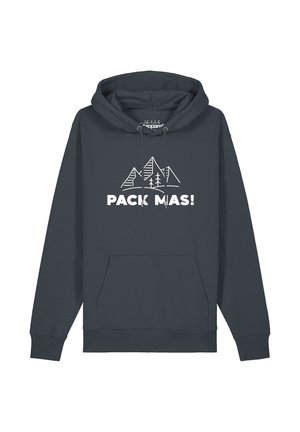 Dunkelgrauer Hoodie mit Kordeln, einer Fronttasche und weißem Berg- und Baumgrafik über dem Text "PACK MAS!" auf der Brust.
