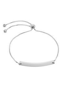 Bracciale regolabile in argento con una barra piatta liscia e curva, accompagnata da una delicata catena testurizzata con piccole perline rotonde per la regolazione.