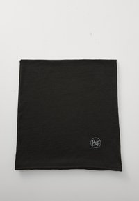 Sort halsedisse lavet af blød, strækbar stof. Har et cirkulært "Buff" logo i grå. Rektangulær form med syede kanter.