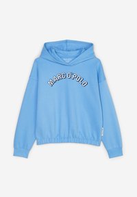 Felpa con cappuccio di colore azzurro chiaro con vita elastica, con la scritta "MARC O'POLO" in testo curvo sulla parte frontale. Materiale in cotone morbido.