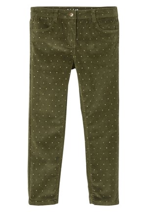 Pantalon slim vert olive avec petits pois dorés, fermeture par boutons, passants de ceinture et poches avant.