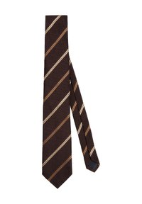 Cravatta marrone con righe diagonali in un marrone più chiaro e crema. Tessuto strutturato, taglio stretto e design con punta a forma di cuore.