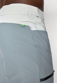 Shorts gris avec une taille gris clair, présentant une étiquette verte et une poche zippée noire. Fabriqués en tissu léger et lisse.