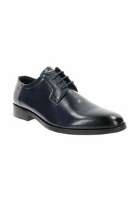 Marine leren jurk schoenen met een gladde afwerking, ronde neus, vetersluiting met vier oogjes en een lage, gestructureerde rubberen zool.